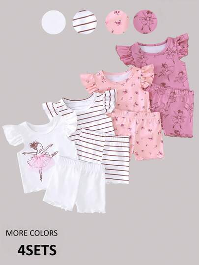 SHEIN Playful Pals 8件套女婴0-3岁春夏休闲日常户外可爱趣味芭蕾女童无袖T恤和短裤8件套服装套装