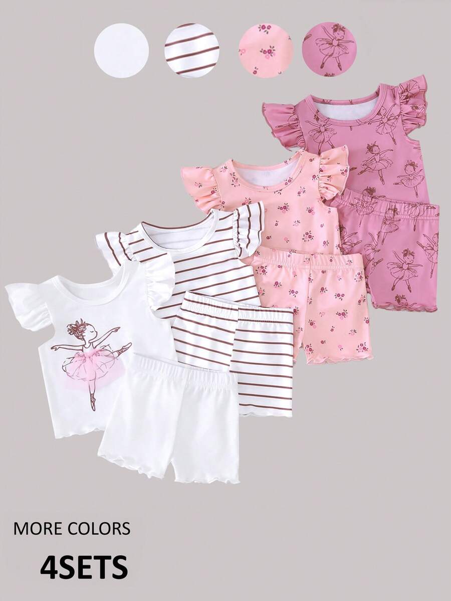 SHEIN Playful Pals 8件套女婴0-3岁春夏休闲日常户外可爱趣味芭蕾女童无袖T恤和短裤8件套服装套装