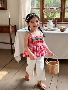 女童两件套：红白格子吊带背心和纯白色直筒裤，夏季 - 紅色 - 查看 1