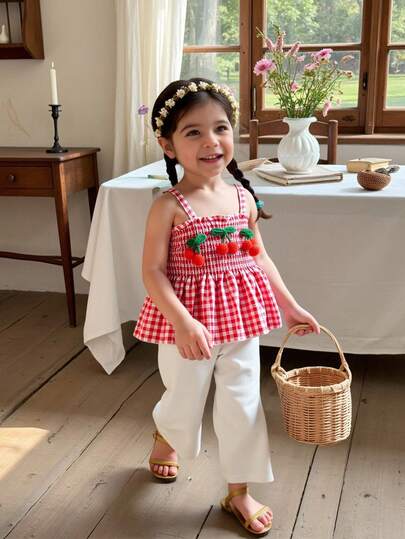 女童两件套：红白格子吊带背心和纯白色直筒裤，夏季