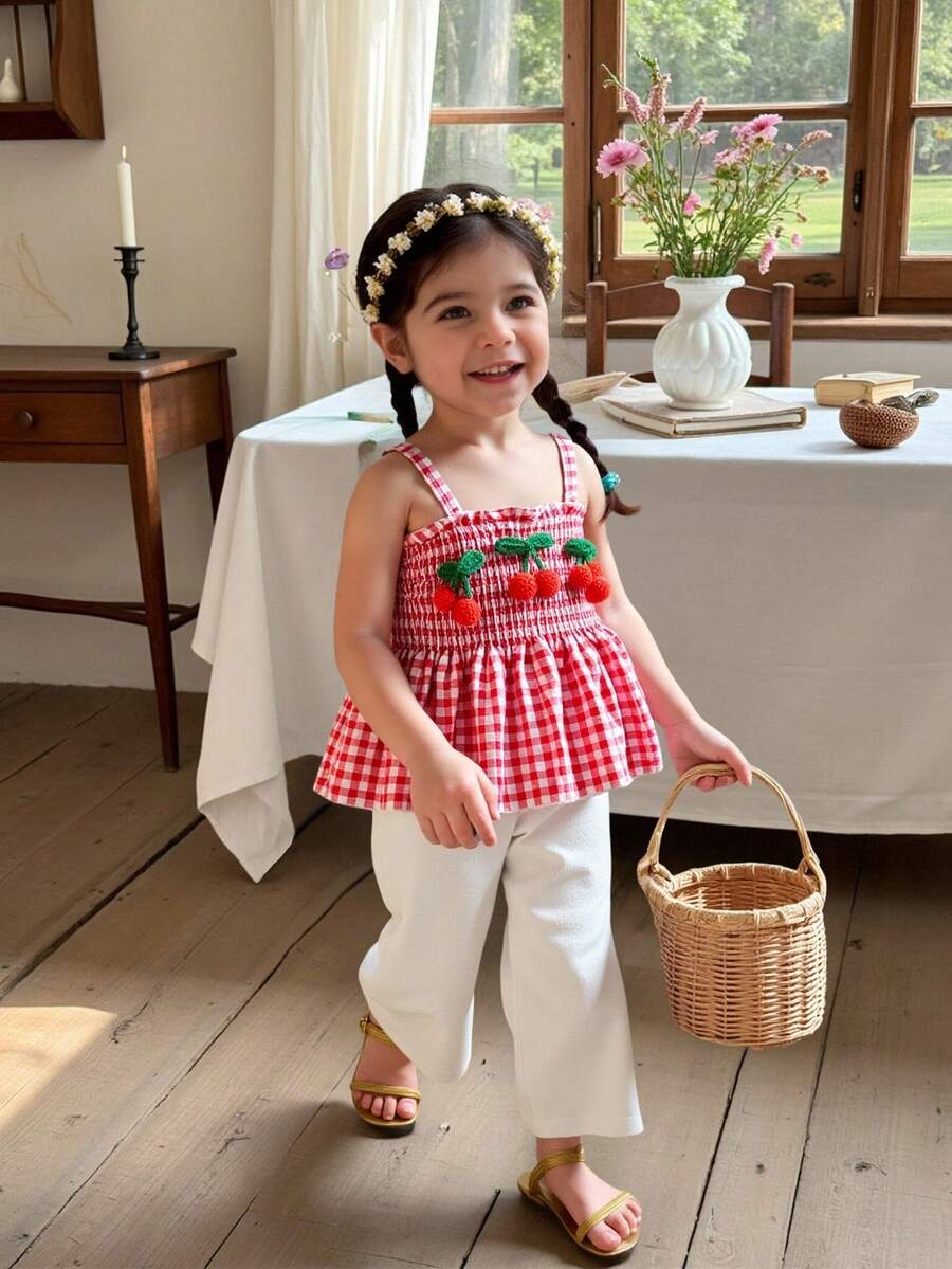 女童两件套：红白格子吊带背心和纯白色直筒裤，夏季 - 紅色 - 查看 1