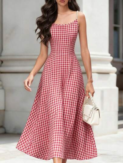 Ellegaria. Women's Plaid Elegant Waist Cinching Camisole Mini Dress, Suitable For Dates And Parties