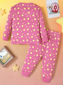SpongeBob SquarePants | SHEIN 女婴几何卡通印花圆领长袖上衣和裤子休闲家居服套装 - 粉色 - 查看 4