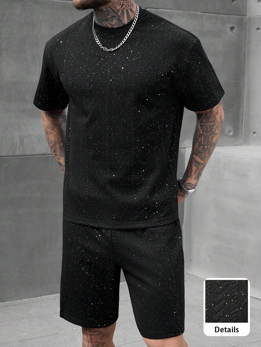 SLATEMANN Men's 2 Pieces T-Shirt And Shorts Set, Round Neck Design, Fashionable Men's Two Pieces Summer Outfit, Men's Summer Clothing, Men's T-Shirt Set, Men's 2 Pieces Match, Men's Two Pieces Set - Black - View 1