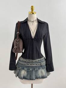 SHEIN PETITE 女士休闲/工作深V领条纹衬衫 - 黑色 - 查看 1