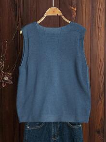 SHEIN LUNE CURVE 大码女式纯色针织V领无袖纽扣休闲毛衣背心，春秋季 - 藍色 - 查看 2