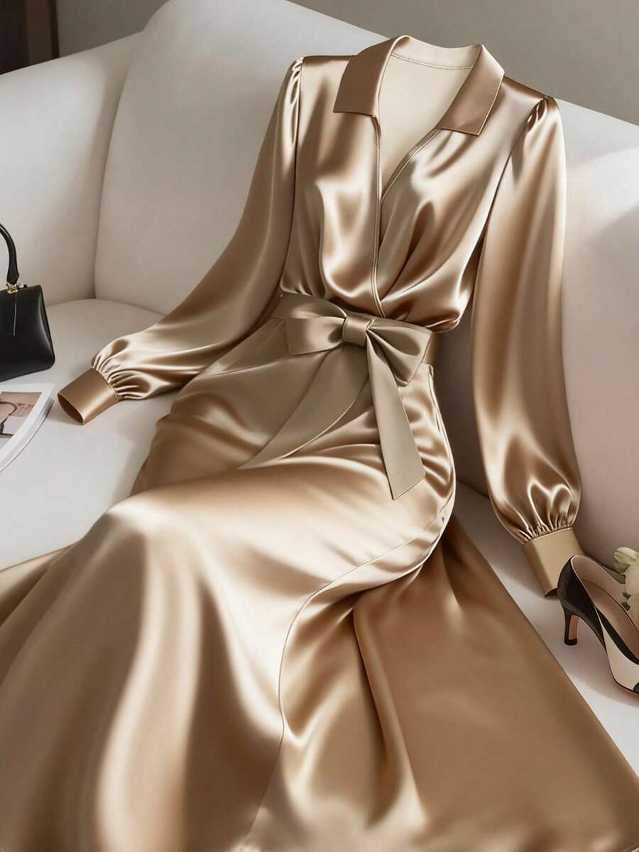 GlowEve CURVE 大码女式优雅休闲通勤日常缎面长袖交叉领长连衣裙，带系带蝴蝶结 - 卡其色 - 查看 1