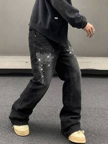 ROMWE MEN Anime Men's Casual Rhinestone Embellished Flared Jeans - Black - View 3