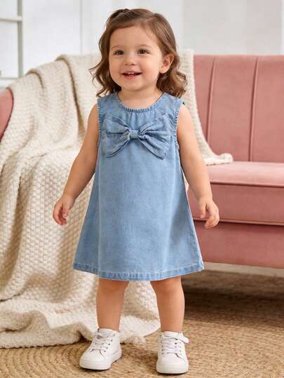 Infant & Baby GirlLight Blue Denim, Cute Bow Decor, Comfortable Fitted Style, Cotton Denim Suitable For Everyday Outings, Family Gatherings, New Arrival