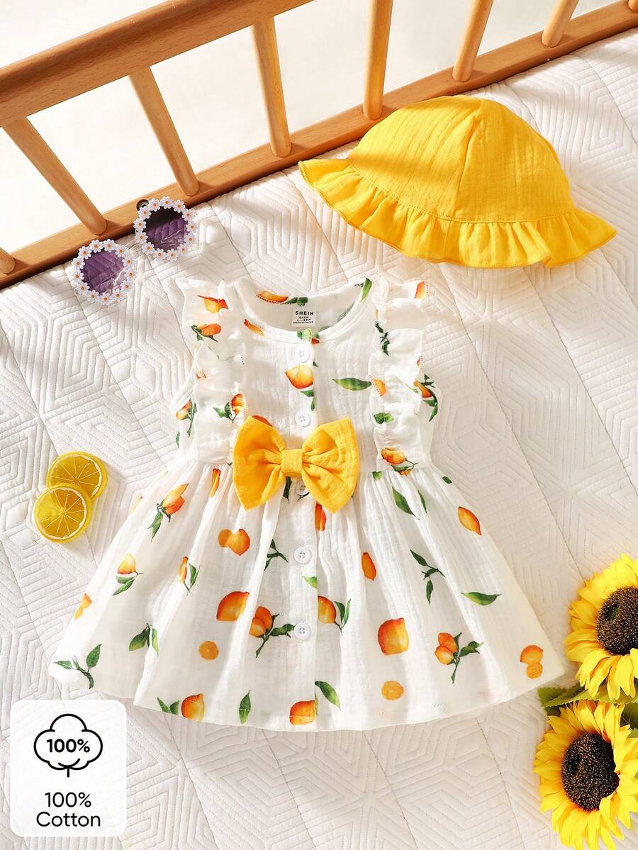SHEIN Vestido de niña recién nacida con cuello redondo, volantes, estampado de cerezas de dibujos animados, sin mangas, con lazo rojo y sombrero rojo, 100% algodón con estampado de limón y lazo, lindo y dulce, adecuado para vacaciones, fiestas y juegos, 1M-12M