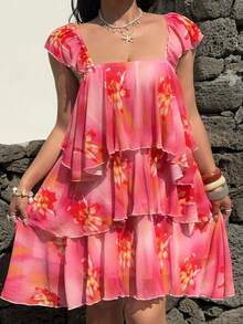 Sunnyshic 度假沙滩褶皱印花短款蛋糕裙 - 彩色 - 查看 1