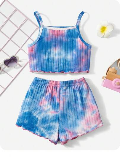 SHEIN Baby Girl Tie Dye Lettuce Trim Cami Top & Shorts