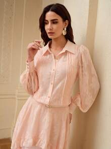 ZEYLAH Elegant Jacquard Blouse & Ruffle Hem Skirt Set, Spring/Summer - Baby Pink - View 3