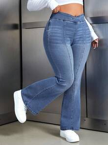 Flexra Quần jeans ống loe cạp cao giặt thường ngày cỡ lớn - Rửa nhẹ - Xem 8
