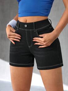 Flexra Women's Casual Washed Slim Fit Denim Shorts, Summer - Black - View 5