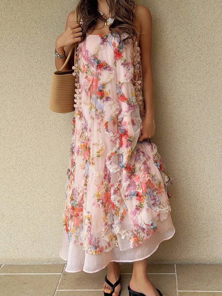 Romantic Ditsy Floral Frill Trim Slip Dress, Charming Girly Summer Dress For Women Cruise Outfit For Women Sundress