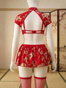 Fantasy Costume Fantasy Costume 6件套经典中国风龙纹印花钢圈上衣、A字裙、渔网袜大码内衣套装 - 紅色 - 查看 2