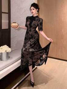 Joudiya 春夏亮片缎带领黑色连衣裙，花卉蕾丝印花，优雅适合情人节、婚礼、派对、正式场合，时尚百搭，收腰设计，长袖，薄纱面料，中长款女装 - 黑色 - 查看 5