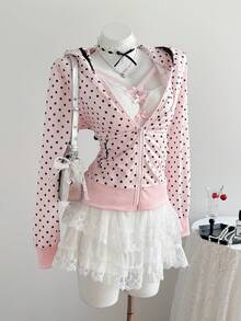 Elamini Women's Pink Polka Dot Print Spliced With Black Lace Trim Zip-Up Hoodie, Spring/Summer , Vacation, Sweet & Cute, Elegant Casual, Back To School/Graduation, Versatile For Street, Home, Daily Wear - Pink - View 4