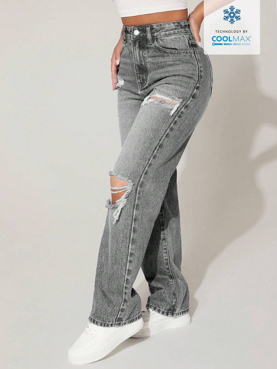 SHEIN PETITE 女士口袋纽扣做旧休闲百搭日常牛仔裤 - 灰色 - 查看 1