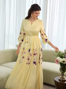 Al Najma 黄色拼接印花中袖蛋糕裙，浪漫春夏款 - 黃色 - 查看 2