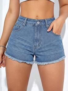 Nuevo 2026 Pantalones cortos de mezclilla casuales minimalistas de unicolor para mujer - Blanco - Ver 10