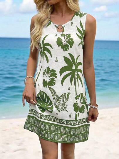 Sylviya Women's Casual Coconut Tree & Butterfly Print Mini Dress, Suitable For Vacation & Daily Wear Summer Outfits For Women Summer Dresses, Beach Outfit For Women Beach Dresses For Women Vacation Outfits Women Vacation Dresses, Beach Vacation Outfits For Women Casual Dresses For Women Floral Dresses For Women, Green Dresses For Women Summer Outfits Beach Outfits Vestido De Playa