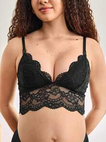 黑色蕾丝拼接孕妇哺乳文胸 - 黑色 - 查看 5