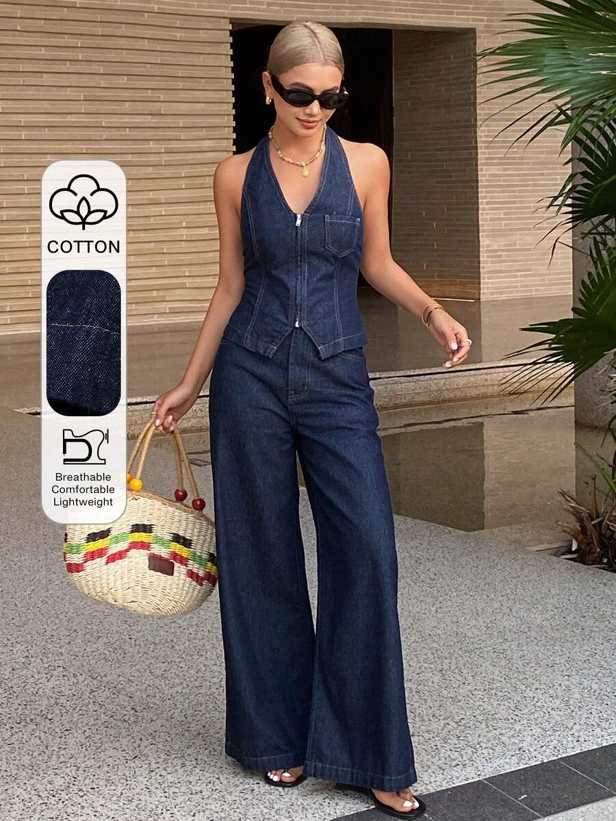 DAZY Women's V-Neck Sleeveless Denim Vest And Loose Straight Leg Denim Pants Casual Elegant Denim Suit - Dark Wash - View 1