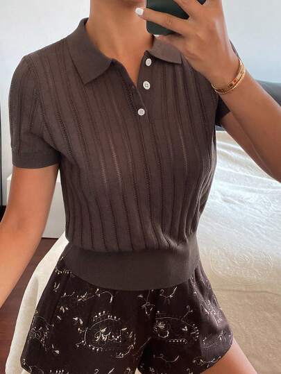 DAZY 女士夏季翻领短袖纹理薄纱面料休闲优雅套头针织衫