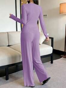 DAZY 2pcs/Set Women Solid Color Comfortable Knit Long Sleeve Top And Loose Straight Leg Long Pants Pajama Set, Spring - Mauve Purple - View 2