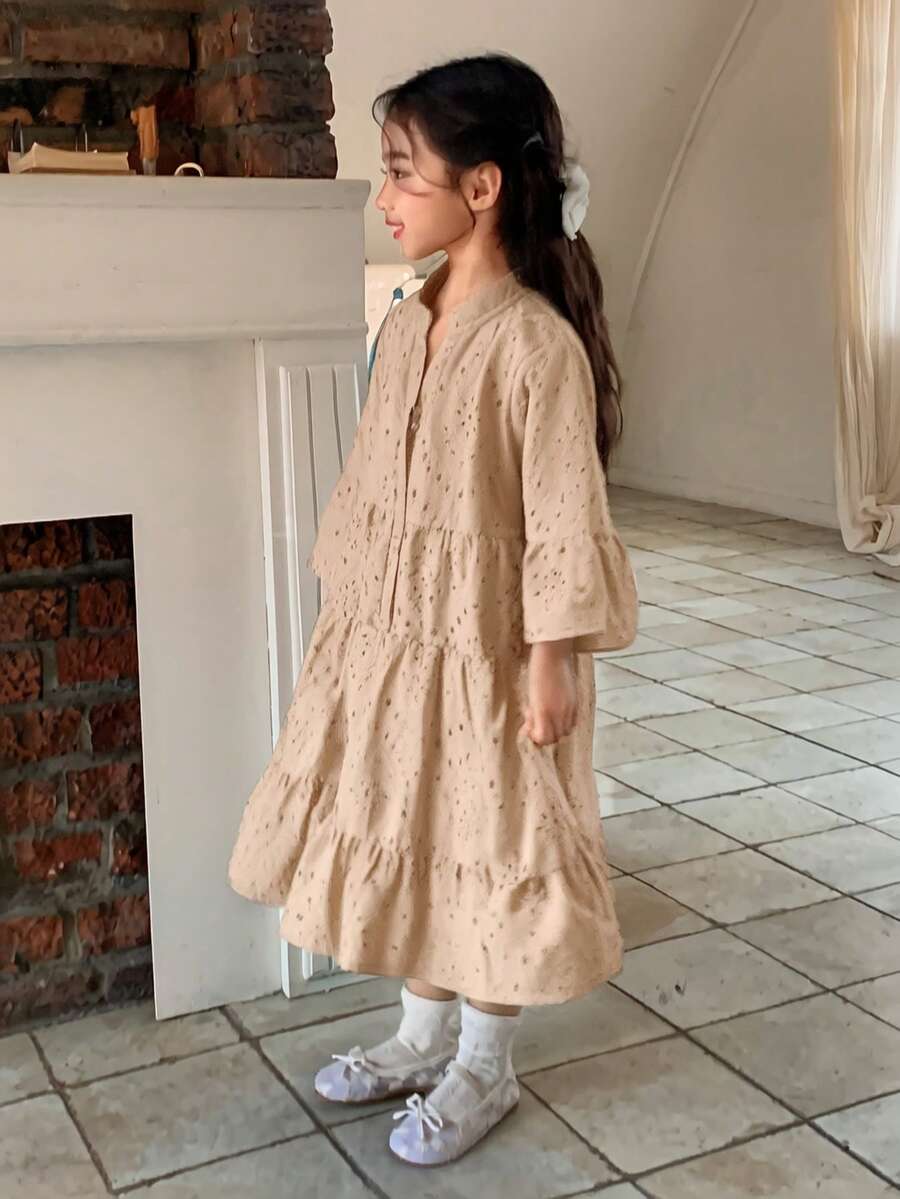 Dazy Kids 女童宽松休闲度假风中长连衣裙,夏季新品 - 卡其色 - 查看 1