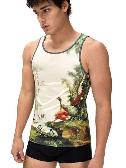 Erkekler için Rest Era Vintage Sanatsal Manzara Baskılı Kolsuz Vücuda Oturan Günlük Bluz