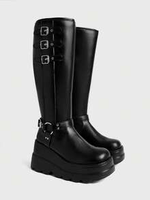 Sugerpunk Women's Fashion Thick Sole Buckle Knee-High Boots - Black - View 2