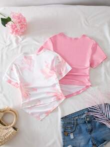 Sparklyn 3pcs Girls' Crew Neck Short Sleeve Fitted Asymmetrical Hem T-Shirts, Black, White, Leopard Print, Casual Summer Tops - Pink - View 2