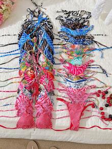 Elavelle Conjunto de bikini con tirantes con decoración metálica y estampado aleatorio, traje de baño sexy para mujer - Multicolor - Ver 2