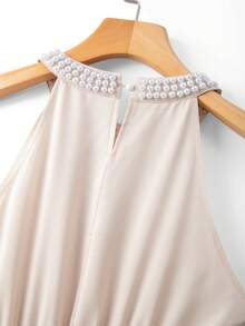 Lyxana 女士香槟色缎面露背珍珠系带修身优雅中长连衣裙，通勤奢华设计，春夏款 - 香檳色 - 查看 3
