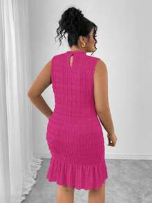 Elenzga Plus Size Textured Jacquard Fabric Solid Color Ruffle Hem Sleeveless Dress, Ribbed Knit Bodycon Skirt, Fashionable Versatile For Dates And Parties - Hot Pink - View 2