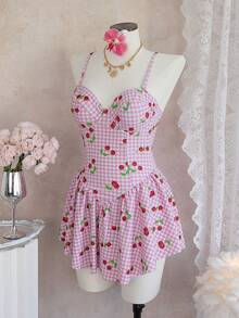 Bellisia 女士最新款时尚吊带泳衣连衣裙，带钢圈，粉色格子樱桃印花，适合春夏海滩穿着 - 粉色 - 查看 3