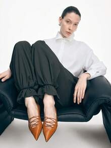 Mnmlis 芭蕾舞鞋系带尖头细跟高跟鞋小号皮鞋 - 棕色 - 查看 2