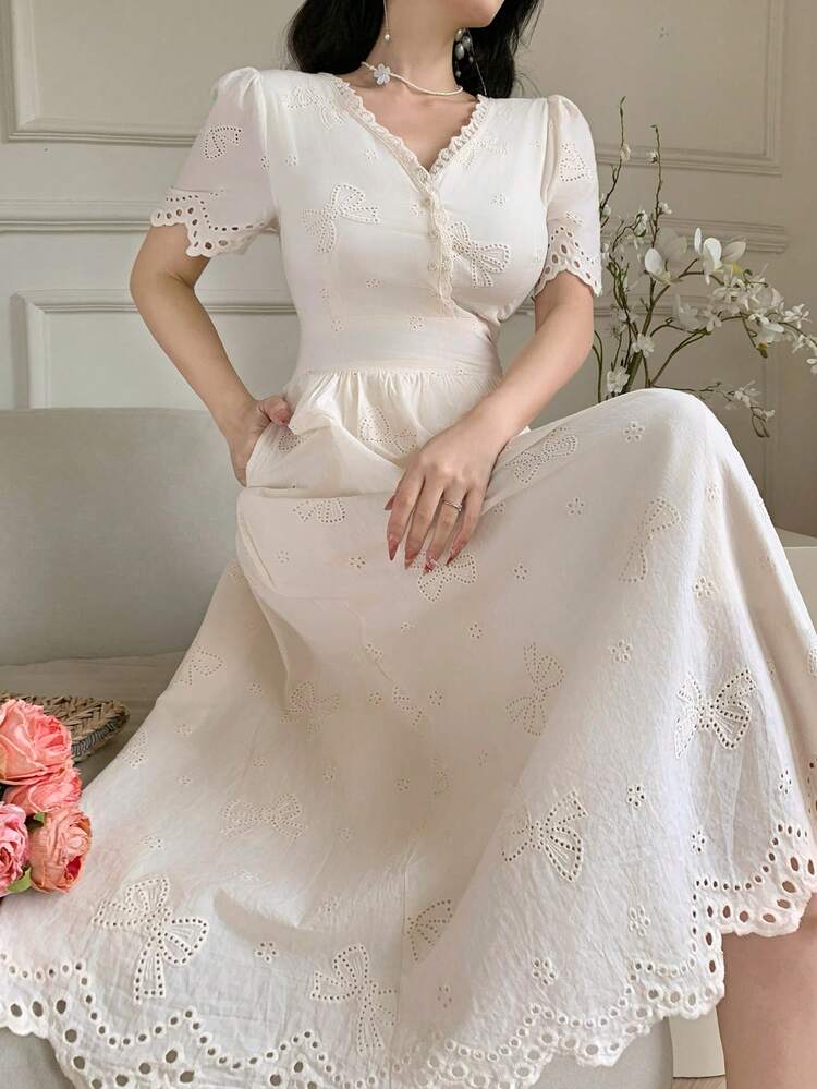 Women's V-Neck Short Sleeve Waist Cinched Lace Trim Elegant Long Dress Sundress Summer