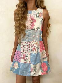 Vaclyn Women's Casual Patchwork Pattern Round Neck Sleeveless Dress, Suitable For Vacation - Multicolor - View 3