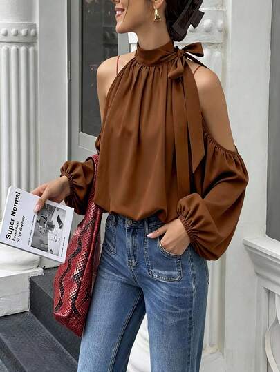 SHEIN Glamour Elegant Brown Halter Neck Woven T-Shirt For Women With Ruffled Three Quarter Length Sleeves  Brown Top Commuter Casual Resort T-Shirt Suitable For Office Workers Dating Casual Top T-Shirt Versatile Brown T-Shirt Woven Fabric Outfit Ideas For Women Trending Outfits For Women Blouse For Women Casual Modern Brown Tops For Ladies Latest Tops For Women New Arrivals Stylish Tops For Women Zoey Outfit Casual Modern Blouse Cute Tops For Women