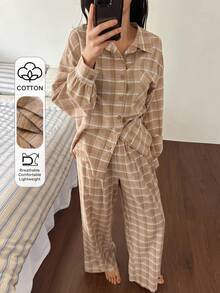 DAZY 简约格子宽松衬衫式女士睡衣套装 - 卡其色 - 查看 1