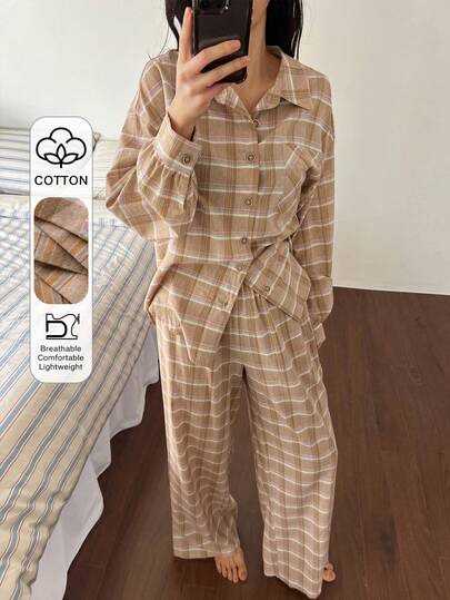 DAZY Minimalist Plaid Loose Fit Shirt Style Women Pajama Set