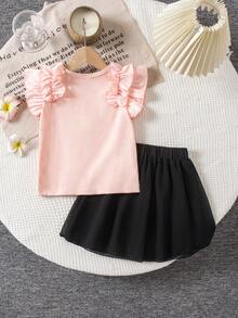 Mädchen Set aus mehrfarbigem Kurzarm T-Shirt und Rock. Das rosa Kurzarm-Top hat mehrlagige Rüschendetails an den Ärmeln für einen engen Sitz und einen schmeichelhaften Effekt, kombiniert mit einem schwarzen A-Linien-Rock. Geeignet für den täglichen Lässig-Stil. - Verschiedenfarbig - Übersicht 2