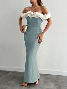 EURMUSE Two Tones Off Shoulder Ruffle Trim Bodycon Dress, Elegant Dress - Mint Green - View 5