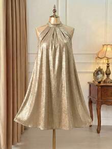 DreamSkyne Plus Size Solid Color Fold Pleat Detail Halter Neck Dress For New Year Holiday Party Clothes - Gold - View 2
