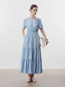 Aalyst Vestido Feminino para Primavera/Verão, Vestido de Linho Franzido Elegante e da Moda com Bolsos, Adequado para Ano Novo, Dia dos Namorados, Páscoa, Dia das Mães, Casamentos do Oriente Médio, Ambiente de Trabalho, Férias Românticas - Azul - Visão 7