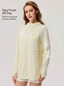 OutZeal 女士防晒外套 日常休闲 UV 防护 背部网眼抽绳腰带连帽及臀户外上衣 - 黃色 - 查看 2